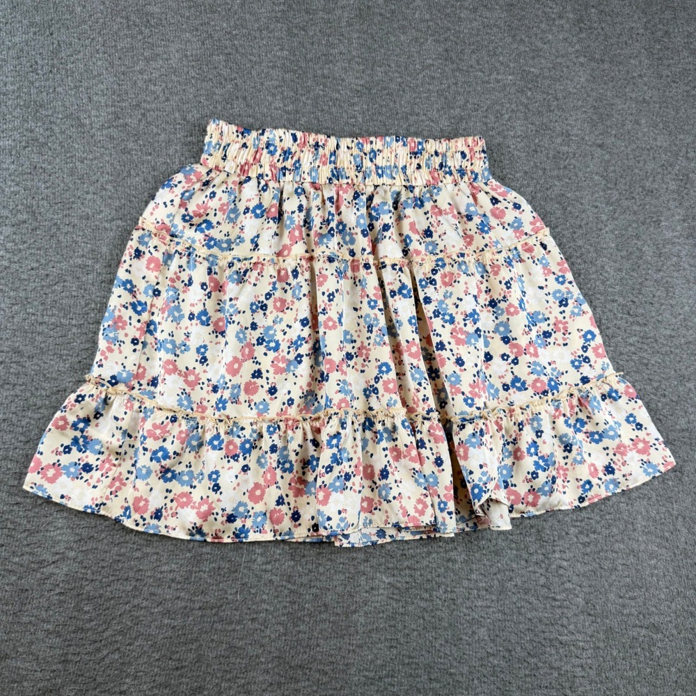 Altar'd State Tiered Mini Skirt Women's Small Cream Floral Ruffle Elastic Waist